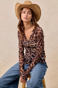 Leopard Printed Mesh Shirt-Make a bold statement with this Leopard Printed Mesh Top featuring a Button-Up V Neck design. The leopard print adds a touch of wild sophistication to your outfit
