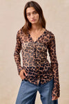 Leopard Printed Mesh Shirt-Make a bold statement with this Leopard Printed Mesh Top featuring a Button-Up V Neck design. The leopard print adds a touch of wild sophistication to your outfit