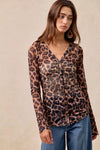 Leopard Printed Mesh Shirt-Make a bold statement with this Leopard Printed Mesh Top featuring a Button-Up V Neck design. The leopard print adds a touch of wild sophistication to your outfit