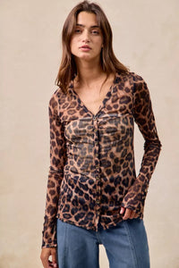 Leopard Printed Mesh Shirt-Make a bold statement with this Leopard Printed Mesh Top featuring a Button-Up V Neck design. The leopard print adds a touch of wild sophistication to your outfit