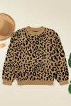 Leopard Ribbed Trim Crewneck Drop Shoulder Sweater- Boho Chic Styles by Reef Love