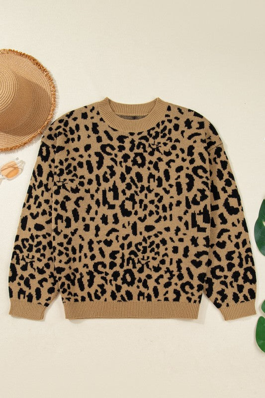 Leopard Ribbed Trim Crewneck Drop Shoulder Sweater- Boho Chic Styles by Reef Love