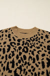 Leopard Ribbed Trim Crewneck Drop Shoulder Sweater- Boho Chic Styles by Reef Love