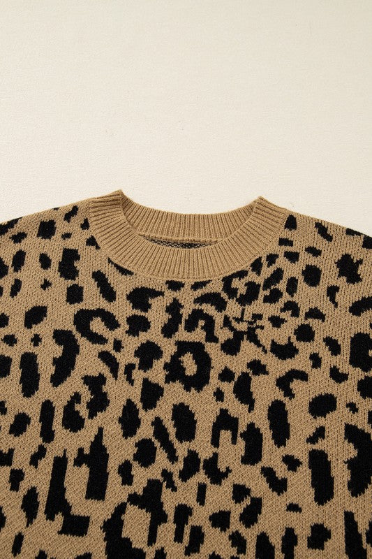 Leopard Ribbed Trim Crewneck Drop Shoulder Sweater- Boho Chic Styles by Reef Love