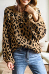 Leopard Ribbed Trim Crewneck Drop Shoulder Sweater- Boho Chic Styles by Reef Love