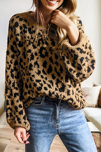Leopard Ribbed Trim Crewneck Drop Shoulder Sweater- Boho Chic Styles by Reef Love