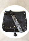 Leopard Strap Fold-over black Crossbody Bag-Vegan leather crossbody with leopard strap, snap + zipper closures, and pockets.