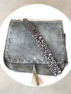 Leopard Strap Fold-over Grey Crossbody Bag-Vegan leather crossbody with leopard strap, snap + zipper closures, and pockets.