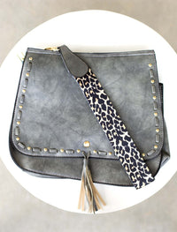 Leopard Strap Fold-over Grey Crossbody Bag-Vegan leather crossbody with leopard strap, snap + zipper closures, and pockets.