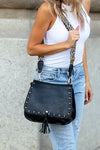 Leopard Strap Fold-over Crossbody Bag-Vegan leather crossbody with leopard strap, snap + zipper closures, and pockets.