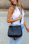 Leopard Strap Fold-over Crossbody Bag-Vegan leather crossbody with leopard strap, snap + zipper closures, and pockets.