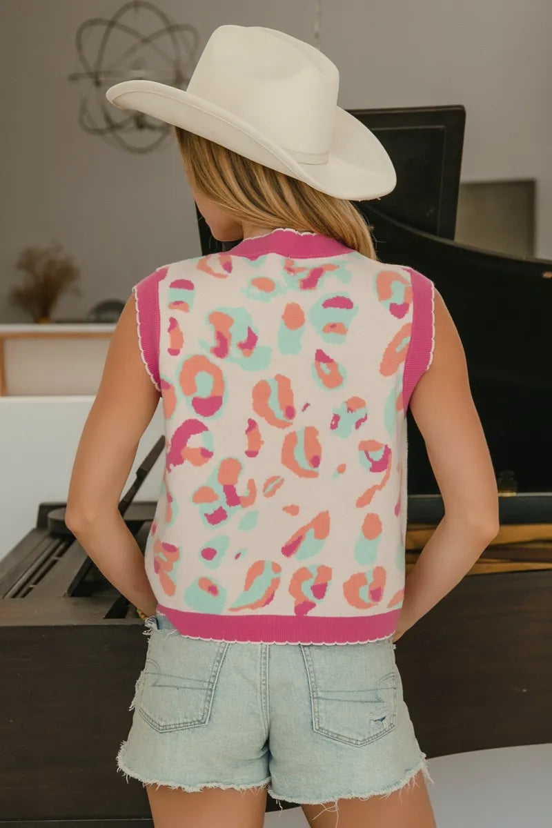 Leopard Sweater Vest With Front Tie and Scallop Detail-BiBi-Reef Love