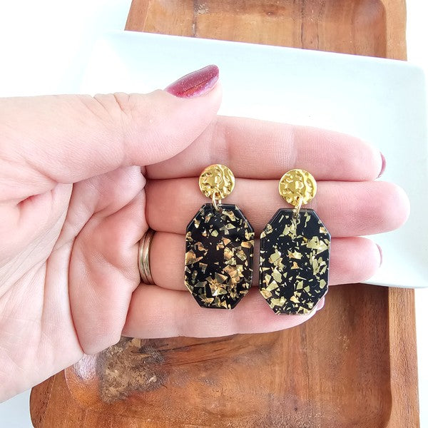 Shop Lexi Earrings - Black Gold Flake-Bold black acrylic earrings with gold flake and 18K gold-plated hypoallergenic posts. Lightweight statement style perfect for elevated everyday or night-out looks.-available at Reef Love online boho-chic boutique