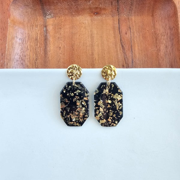Shop Lexi Earrings - Black Gold Flake-Bold black acrylic earrings with gold flake and 18K gold-plated hypoallergenic posts. Lightweight statement style perfect for elevated everyday or night-out looks.-available at Reef Love online boho-chic boutique