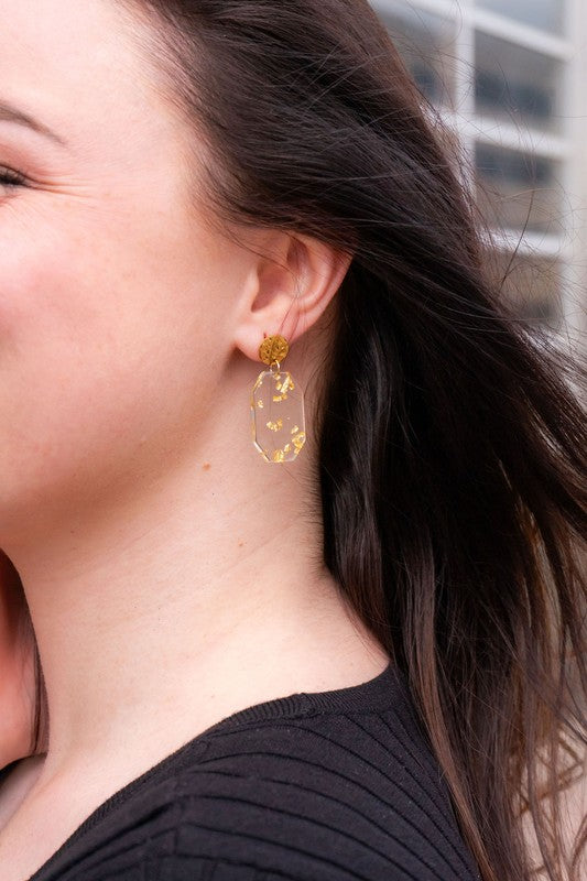Shop Lexi Earrings - Gold Foil-Clear acrylic statement earrings with gold foil specks and hypoallergenic gold-plated posts. Lightweight glam perfect for day-to-night, minimalist, or elegant looks.-available at Reef Love online boho-chic boutique