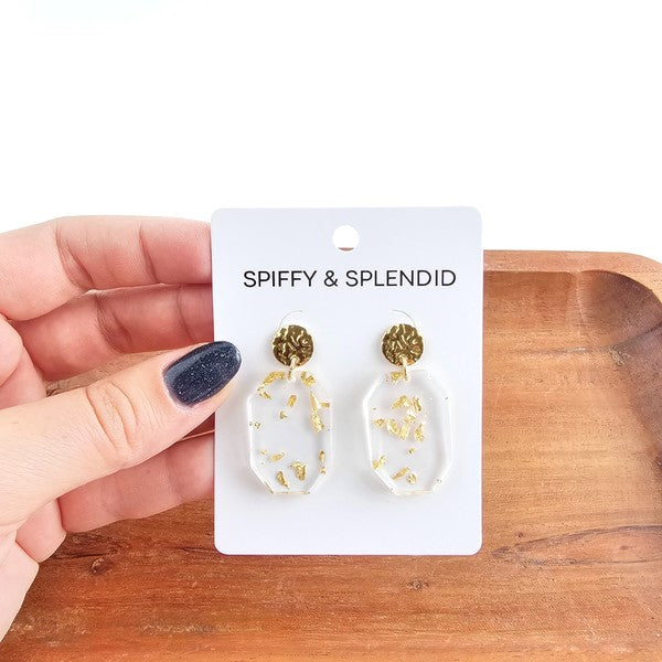 Shop Lexi Earrings - Gold Foil-Clear acrylic statement earrings with gold foil specks and hypoallergenic gold-plated posts. Lightweight glam perfect for day-to-night, minimalist, or elegant looks.-available at Reef Love online boho-chic boutique