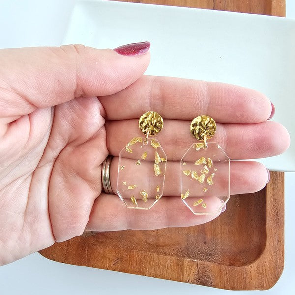 Shop Lexi Earrings - Gold Foil-Clear acrylic statement earrings with gold foil specks and hypoallergenic gold-plated posts. Lightweight glam perfect for day-to-night, minimalist, or elegant looks.-available at Reef Love online boho-chic boutique