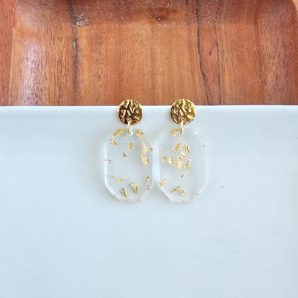 Shop Lexi Earrings - Gold Foil-Clear acrylic statement earrings with gold foil specks and hypoallergenic gold-plated posts. Lightweight glam perfect for day-to-night, minimalist, or elegant looks.-available at Reef Love online boho-chic boutique