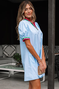 Lily Striped V Neck Puff Sleeve Mini Dress-The Lily Striped Notched V Neck Puff Sleeve Mini Dress offers a sophisticated blend of classic design and modern details. Crafted from 100% cotton.