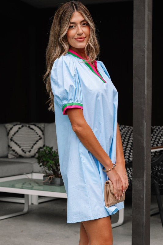 Lily Striped V Neck Puff Sleeve Mini Dress-The Lily Striped Notched V Neck Puff Sleeve Mini Dress offers a sophisticated blend of classic design and modern details. Crafted from 100% cotton.