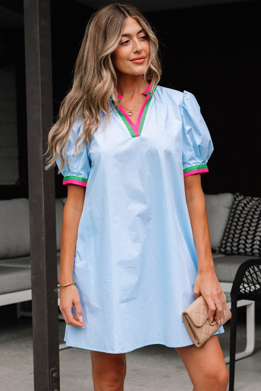 Lily Striped V Neck Puff Sleeve Mini Dress-The Lily Striped Notched V Neck Puff Sleeve Mini Dress offers a sophisticated blend of classic design and modern details. Crafted from 100% cotton.