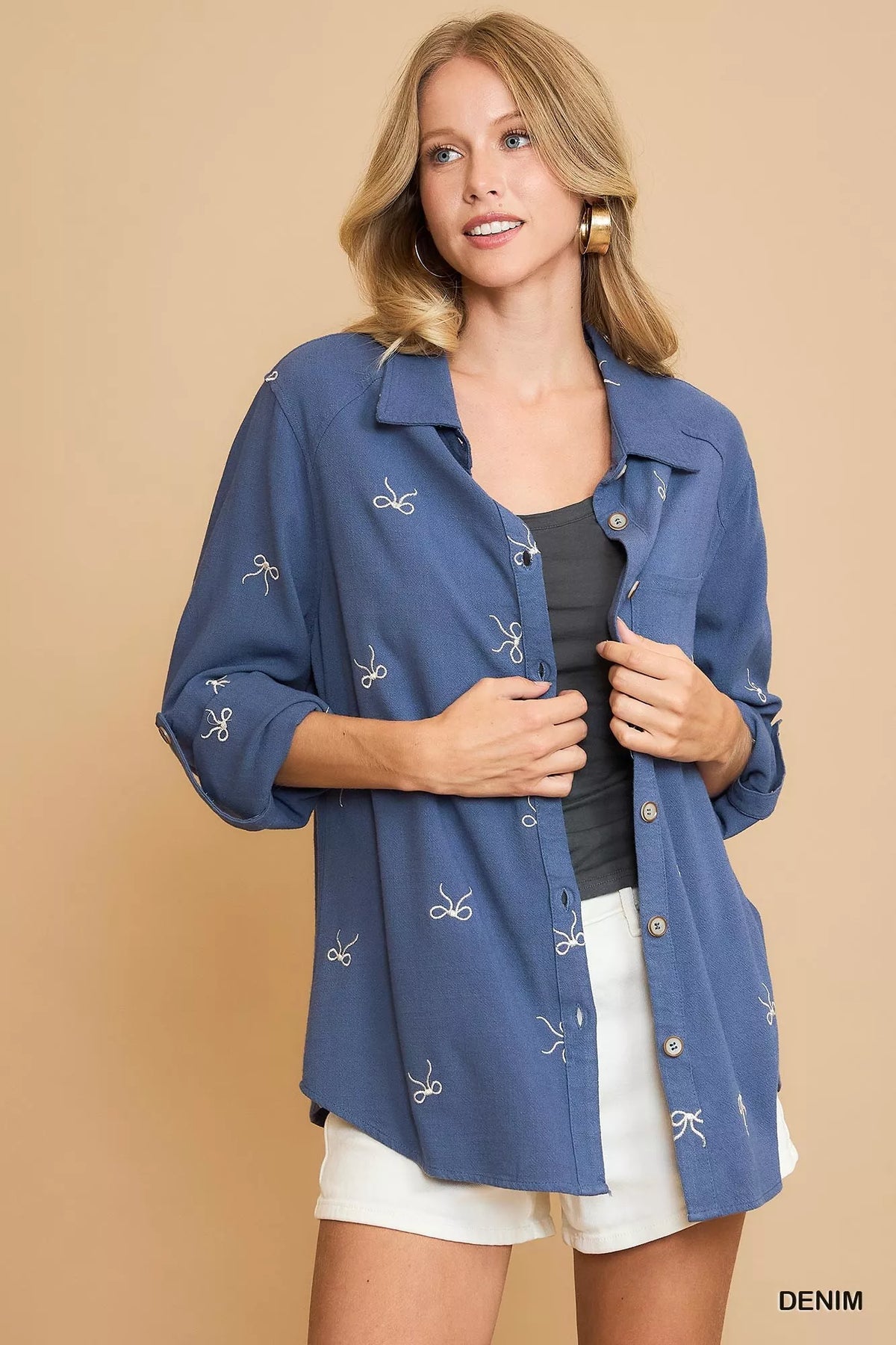 Linen Blend Embroidered Bow Detail Blouse-Linen blend embroidered bow blouse. Fitted button-down shirt with delicate ribbon bow embroidery. Chic linen-cotton top for casual or dressy outfits.-Reef Love