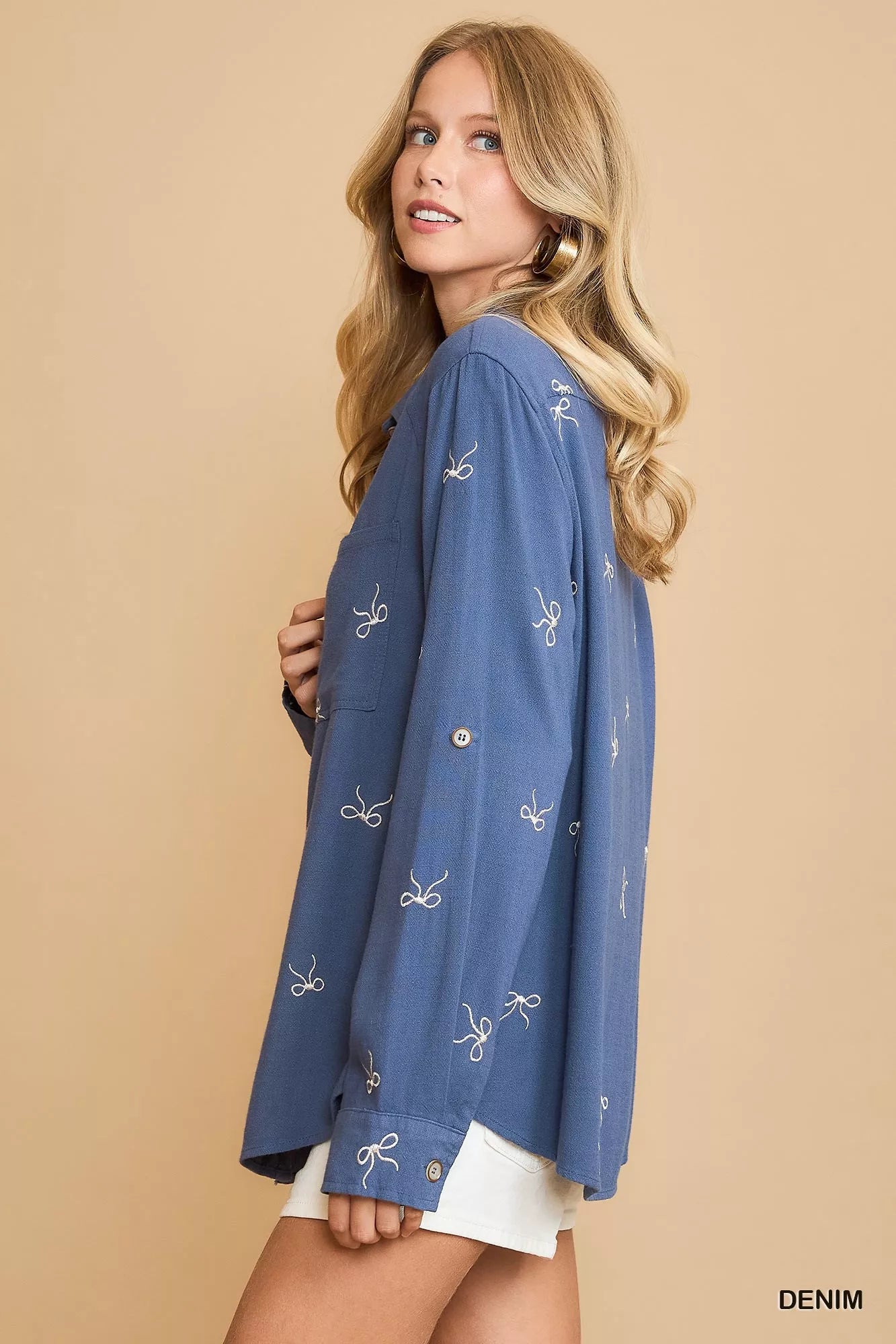 Linen Blend Embroidered Bow Detail Blouse-Linen blend embroidered bow blouse. Fitted button-down shirt with delicate ribbon bow embroidery. Chic linen-cotton top for casual or dressy outfits.-Reef Love