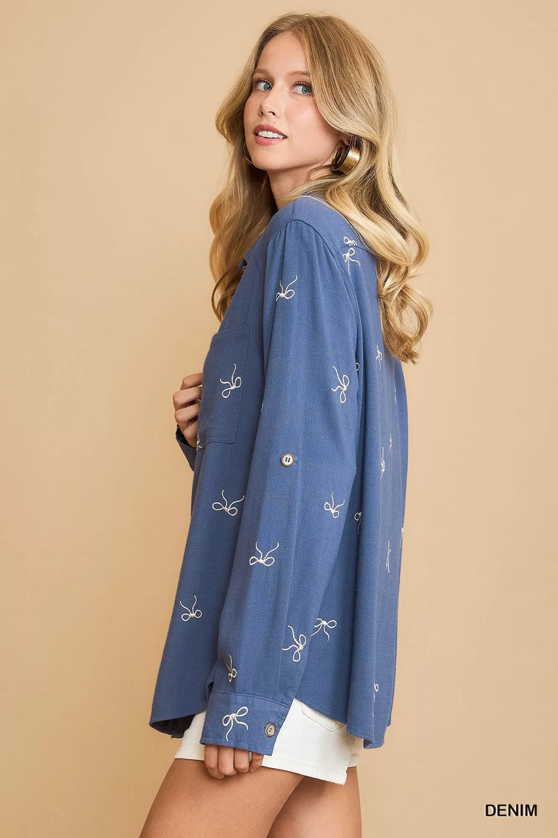 Linen Blend Embroidered Bow Detail Blouse-Linen blend embroidered bow blouse. Fitted button-down shirt with delicate ribbon bow embroidery. Chic linen-cotton top for casual or dressy outfits.-Reef Love