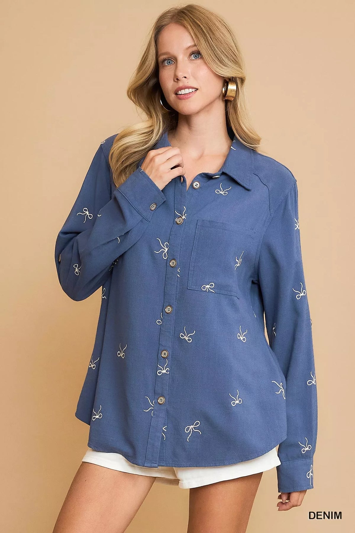 Linen Blend Embroidered Bow Detail Blouse-Linen blend embroidered bow blouse. Fitted button-down shirt with delicate ribbon bow embroidery. Chic linen-cotton top for casual or dressy outfits.-Reef Love