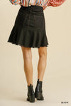 Linen Blend High Low Skirt with Frayed Hem - Black