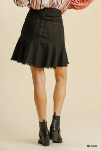 Linen Blend High Low Skirt with Frayed Hem - Black