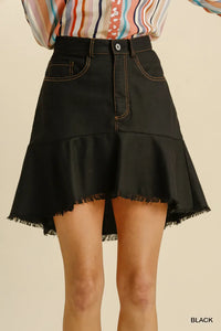 Linen Blend High Low Skirt with Frayed Hem - Black