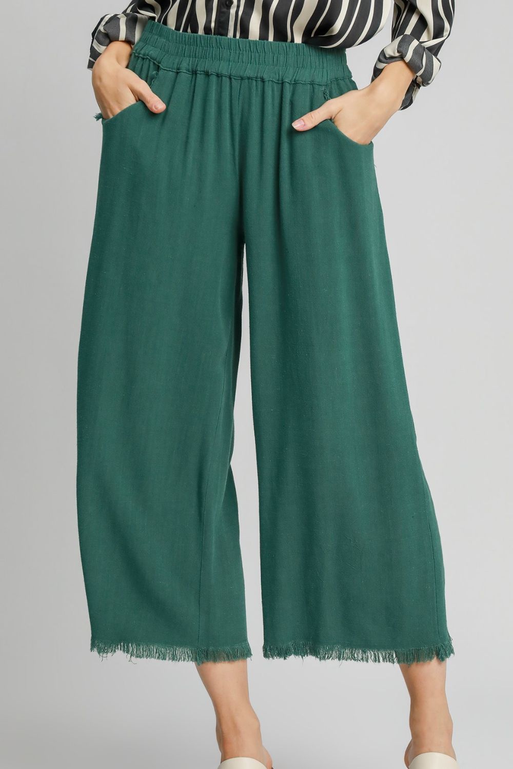 Womens Linen Blend Elastic Waistband Wide Leg Pants, Dark Green - sold by Reef Love