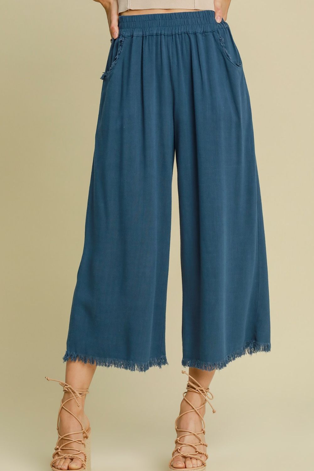 Womens Linen Blend Raw Hem Wide Leg Pants, Peacock Blue - elastic waist - sold by Reef Love