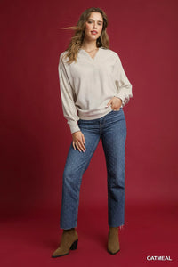 Linen Long Sleeves Elastic Hem Blouse
