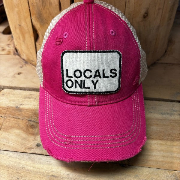 Locals Only Embroidered Patch Distressed Snapback Baseball Cap-Locals Only Embroidered Patch Distressed Snapback Baseball Cap. Distressed Headmost Brand, Tan Mesh, Snapback Closure, Entire cap is soft and superior quality.