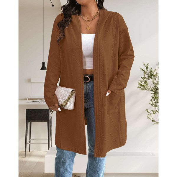Long Cable Knitted Open Front Cardigan with Hood-Stay cozy and stylish this fall and winter in our Long Cable Knit Hooded Cardigan. Chunky, soft, and versatile with pockets – perfect for layering all season.