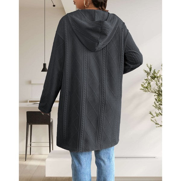 Long Cable Knitted Open Front Cardigan with Hood-Stay cozy and stylish this fall and winter in our Long Cable Knit Hooded Cardigan. Chunky, soft, and versatile with pockets – perfect for layering all season.