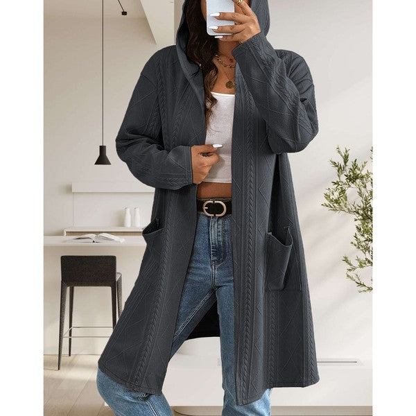 Long Cable Knitted Open Front Cardigan with Hood-Stay cozy and stylish this fall and winter in our Long Cable Knit Hooded Cardigan. Chunky, soft, and versatile with pockets – perfect for layering all season.