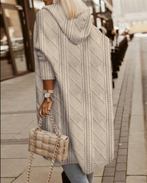 Long Cable Knitted Open Front Cardigan with Hood-Stay cozy and stylish this fall and winter in our Long Cable Knit Hooded Cardigan. Chunky, soft, and versatile with pockets – perfect for layering all season.