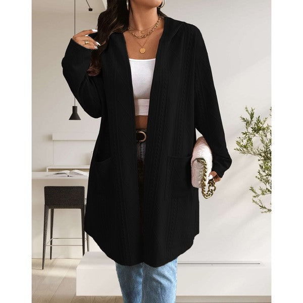 Long Cable Knitted Open Front Cardigan with Hood-Stay cozy and stylish this fall and winter in our Long Cable Knit Hooded Cardigan. Chunky, soft, and versatile with pockets – perfect for layering all season.