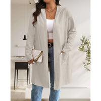 Long Cable Knitted Open Front Cardigan with Hood-Stay cozy and stylish this fall and winter in our Long Cable Knit Hooded Cardigan. Chunky, soft, and versatile with pockets – perfect for layering all season.