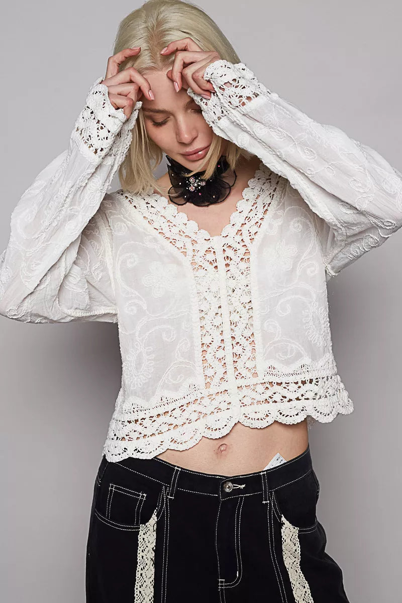 Long Sleeve Cropped Crochet Top with Floral Embroidery Detail
