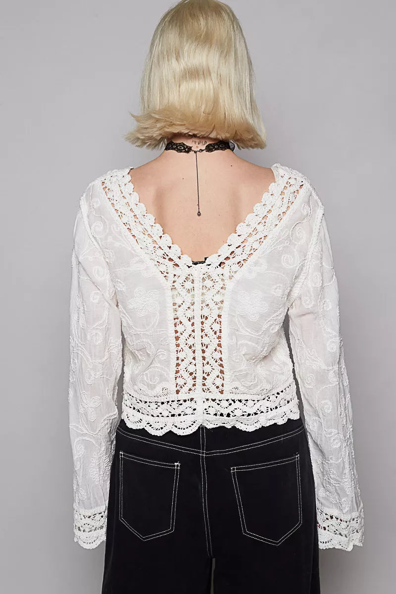 Long Sleeve Cropped Crochet Top with Floral Embroidery Detail