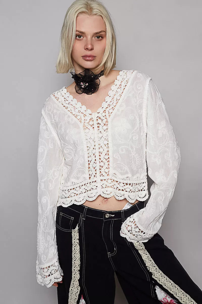 Long Sleeve Cropped Crochet Top with Floral Embroidery Detail