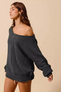 Loose Fit Exposed Seam Slouchy Boucle Sweater, Charcoal