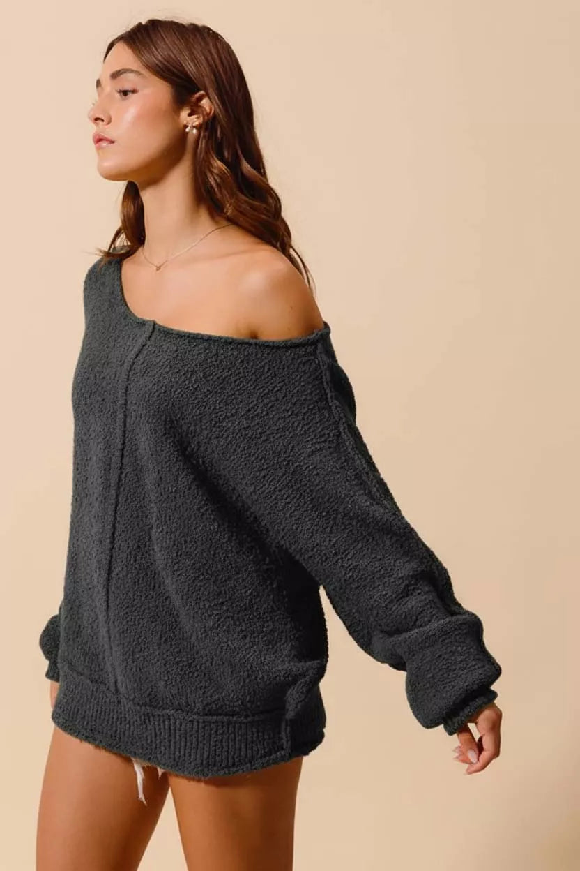 Loose Fit Exposed Seam Slouchy Boucle Sweater, Charcoal
