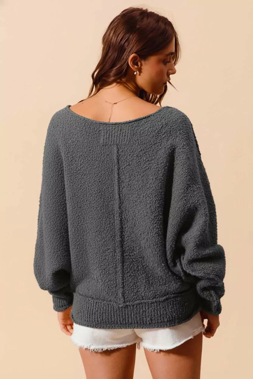 Loose Fit Exposed Seam Slouchy Boucle Sweater, Charcoal