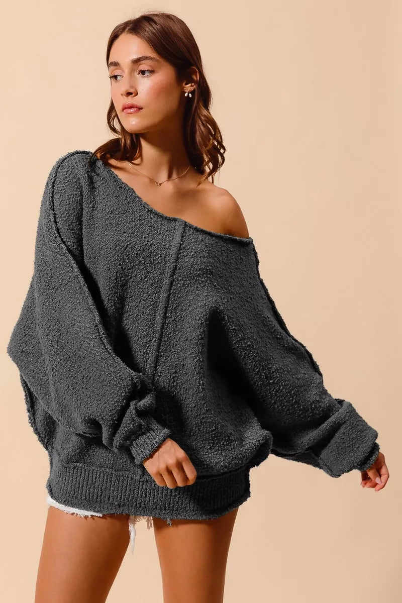 Loose Fit Exposed Seam Slouchy Boucle Sweater, Charcoal
