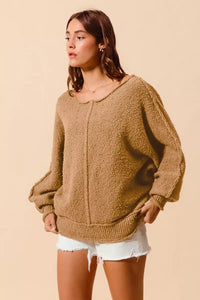 Loose Fit Exposed Seam Slouchy Boucle Sweater, Taupe